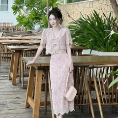 Set áo kèm váy maxi vải xô thêu đục lỗ hai lớp dự tiệc sang chảnh | set12