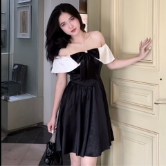 Váy dự tiệc sang chảnh tiểu thư trễ vai cúp ngực dáng xòe kèm nơ ngực có bigsize | vd7