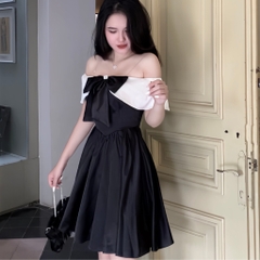 Váy dự tiệc sang chảnh tiểu thư trễ vai cúp ngực dáng xòe kèm nơ ngực có bigsize | vd7
