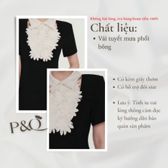 Đầm đen tay ngắn cổ áo sơ mi đính hoa cao cấp, chất tuyết mưa sang trọng | vd66