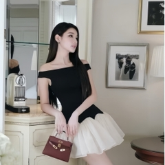 Đầm váy xòe ngắn trễ vai phối màu đen trắng phong cách tiểu thư sang trọng | vd70