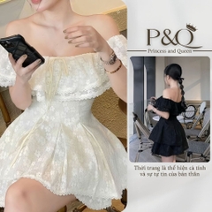 Set Đầm váy ngắn trễ vai ren hoa dáng xòe, kèm quần tiểu thư ngọt ngào màu đen và trắng | set24