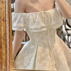 Set Đầm váy ngắn trễ vai ren hoa dáng xòe, kèm quần tiểu thư ngọt ngào màu đen và trắng | set24