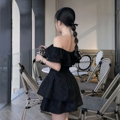 Set Đầm váy ngắn trễ vai ren hoa dáng xòe, kèm quần tiểu thư ngọt ngào màu đen và trắng | set24