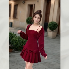 Set váy / đầm dạ text Hàn váy hai dây phối nơ kèm áo khoác croptop tay bồng thiết kế tiểu thư | vd93