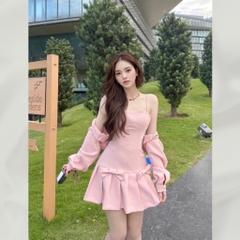 Set váy / đầm dạ text Hàn váy hai dây phối nơ kèm áo khoác croptop tay bồng thiết kế tiểu thư | vd93
