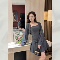 Set váy / đầm dạ text Hàn váy hai dây phối nơ kèm áo khoác croptop tay bồng thiết kế tiểu thư | vd93