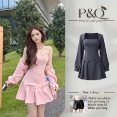 Set váy / đầm dạ text Hàn váy hai dây phối nơ kèm áo khoác croptop tay bồng thiết kế tiểu thư | vd93