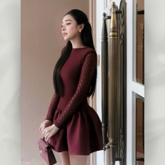Đầm xòe thiết kế tay dài ren phối tafta cao cấp sang trọng nữ tính | vd64