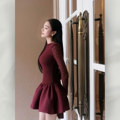 Đầm xòe thiết kế tay dài ren phối tafta cao cấp sang trọng nữ tính | vd64