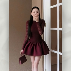 Đầm xòe thiết kế tay dài ren phối tafta cao cấp sang trọng nữ tính | vd64