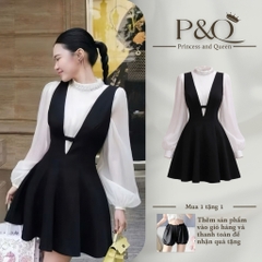 Đầm đen trắng phối áo tay dài cổ trụ thanh lịch, váy xòe dáng tiểu thư | vd67