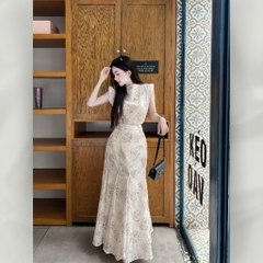 Set áo kèm váy maxi công sở dự tiệc dạo phố vải xô thêu đục lỗ cổ thuyền có bigsize | set13