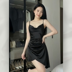 Đầm Váy Lụa 2 Dây Cổ Đổ Mini Xẻ Vạt Chéo Eo Nhún Thanh Lịch Quyến Rũ Dự Tiệc, Đi Chơi | vd115