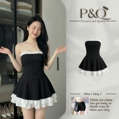 Váy Quây Cúp Ngực Dáng Xòe Phối Viền Bèo Trắng, Đầm Tiểu Thư Công Chúa Đính Nơ Xinh Xắn | vd118