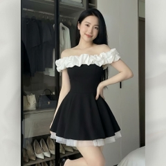 Đầm Trễ Vai Dáng Ngắn Phối Bèo Trắng Sang Chảnh Ôm Eo Tôn Dáng Tiểu Thư Sang Trọng | vd120