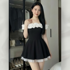 Đầm Trễ Vai Dáng Ngắn Phối Bèo Trắng Sang Chảnh Ôm Eo Tôn Dáng Tiểu Thư Sang Trọng | vd120