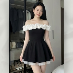Đầm Trễ Vai Dáng Ngắn Phối Bèo Trắng Sang Chảnh Ôm Eo Tôn Dáng Tiểu Thư Sang Trọng | vd120
