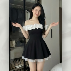 Đầm Trễ Vai Dáng Ngắn Phối Bèo Trắng Sang Chảnh Ôm Eo Tôn Dáng Tiểu Thư Sang Trọng | vd120