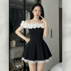 Đầm Trễ Vai Dáng Ngắn Phối Bèo Trắng Sang Chảnh Ôm Eo Tôn Dáng Tiểu Thư Sang Trọng | vd120