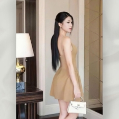 Váy Đầm Hai Dây Đính Khuy Cổ Vuông Dáng Xòe Chiết Eo Tôn Dáng Váy Tiểu Thư Thanh Lịch | vd124