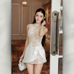 Đầm Ren Hoa Nổi Không Tay Body Ôm Eo Phối Nơ Sang Trọng Phong Cách Hàn Quốc | vd128