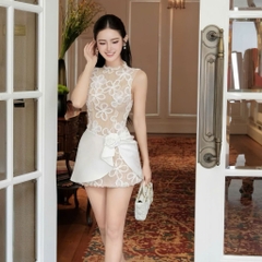 Đầm Ren Hoa Nổi Không Tay Body Ôm Eo Phối Nơ Sang Trọng Phong Cách Hàn Quốc | vd128