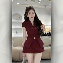Set Đồ Nữ Kiểu Pháp Áo Vest Peplum Cổ Bèo Tay Ngắn Và Chân Váy Ngắn Xếp Tầng Cao Cấp | set36