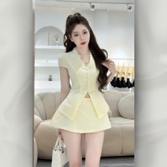 Set Đồ Nữ Kiểu Pháp Áo Vest Peplum Cổ Bèo Tay Ngắn Và Chân Váy Ngắn Xếp Tầng Cao Cấp | set36