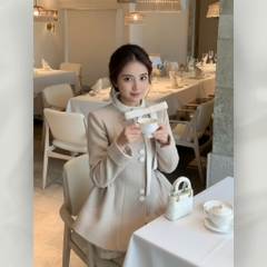 Set Váy Dạ Dài Tay Dáng Xòe Đính Nơ Cổ Cúc Bọc Đầm Vải Dạ Phong Cách Tiểu Thư Kèm Quần | set33