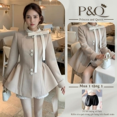 Set Váy Dạ Dài Tay Dáng Xòe Đính Nơ Cổ Cúc Bọc Đầm Vải Dạ Phong Cách Tiểu Thư Kèm Quần | set33