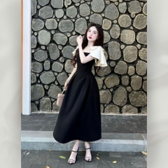Váy Đầm Đen Dự Tiệc Cổ Vuông Phối Tay Bèo Tầng Nơ Xinh Xắn Sang Trọng Dáng Dài | vd102