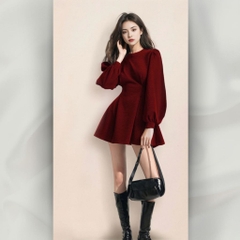 Đầm Xòe Tay Dài Phồng Cổ Tròn Phong Cách Hepburn Dáng Tiểu Thư Sang Trọng Thanh Lịch | vd104