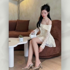 Đầm Ren Xòe Trễ Vai Tay Dài Dáng Ngắn Mini Hai Tone Màu Trắng Hoặc Đen Tôn Dáng | vd106
