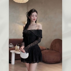 Đầm Ren Xòe Trễ Vai Tay Dài Dáng Ngắn Mini Hai Tone Màu Trắng Hoặc Đen Tôn Dáng | vd106