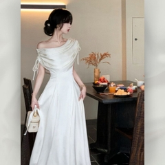 Đầm Trễ Vai Thiết Kế Dáng Xòe Thanh Lịch, Váy Nữ Sang Trọng Dự Tiệc Cotton Hàn Cao Cấp | vd107