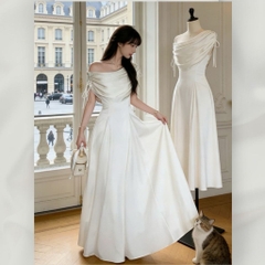 Đầm Trễ Vai Thiết Kế Dáng Xòe Thanh Lịch, Váy Nữ Sang Trọng Dự Tiệc Cotton Hàn Cao Cấp | vd107