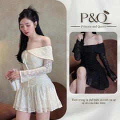 Đầm Ren Xòe Trễ Vai Tay Dài Dáng Ngắn Mini Hai Tone Màu Trắng Hoặc Đen Tôn Dáng | vd106