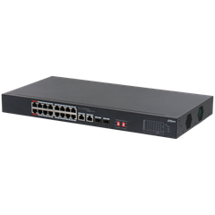 Switch Dahua DH-S3218-16ET-135 Gồm 16 cổng RJ-45 tốc độ 10/100 Mbps hỗ trợ PoE và 2 cổng uplink combo (RJ-45 10/100/1000 Mbps hoặc SFP 1000 Mbps).