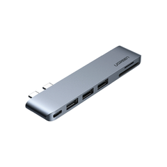 Bộ chuyển đổi sang 3x Hub USB 3.0 + SD/TF + nguồn PD màu xám bằng nhôm Ugreen 60560 macbook pro air 2 cổng USB Type C