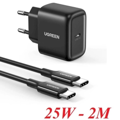Bộ sạc nhanh kèm cáp sạc 2 đầu Type C chân cắm tròn Ugreen 50581 25W Eu