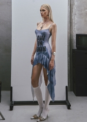RAW Text Printed Straps Ruffled Asymmetric Hem Mini Dress