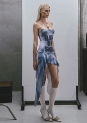 RAW Text Printed Straps Ruffled Asymmetric Hem Mini Dress
