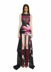 BONG Blooms Hand Drawn Front Thigh Ruched Layer Dress
