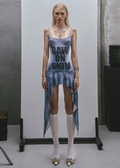 RAW Text Printed Straps Ruffled Asymmetric Hem Mini Dress