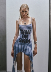 RAW Text Printed Straps Ruffled Asymmetric Hem Mini Dress