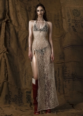Mother Halter Neck Sheer Lace Split Dress