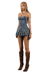 POP Strapless Pleated Denim Mini Dress