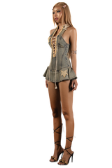 POP Stars High Neck Washed Denim Mini Dress