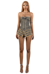 POP Denim Corset Distressed Trim Mini Dress